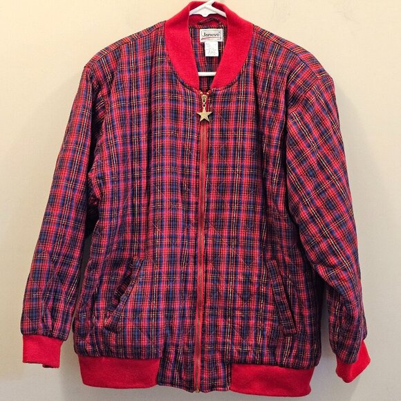 Vintage Women's Janeve Plaid Zip Up Bomber Jacket 100% Cotton Size Large - Picture 1 of 8